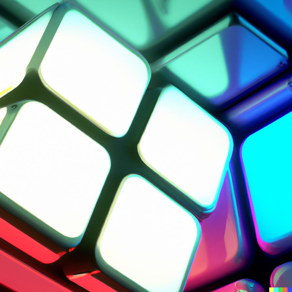 DALL·E prompt: close up of rubik's cubes, neon lighting 3d render.jpg